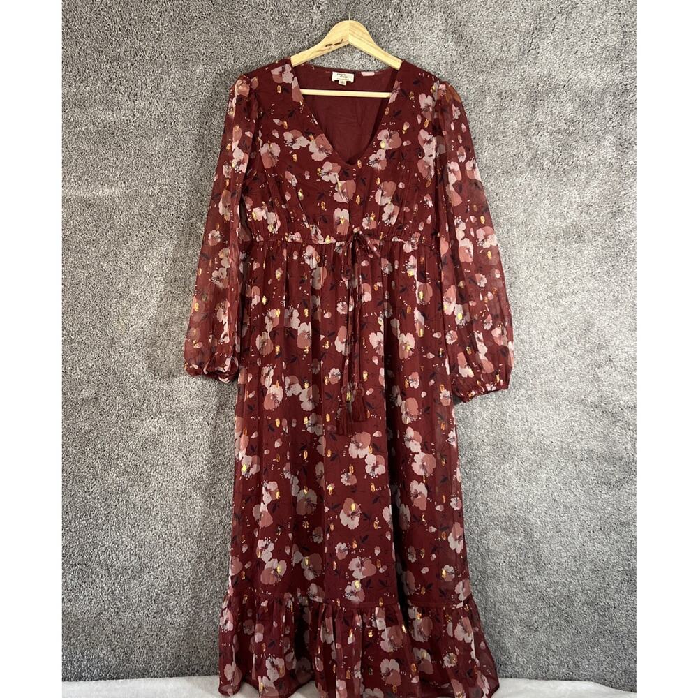 Dizzy Lizzy Dress Womens Small Brown Floral Long Sleeve Cottage Core V-Neck
